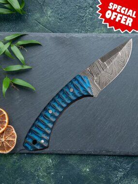 Hand-Forged Damascus Chef Knife - Artistic Blue Wave Wood Handle & Sheath